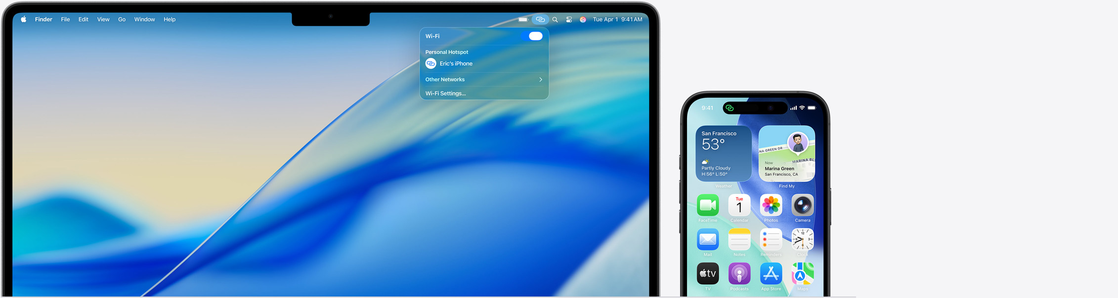 14" MacBook Pro, Kontrollzentrum in der Menüleiste geöffnet, Verbindung zum persönlichen Hotspot „Erics iPhone“, iPhone 16 mit grünem Indikator für persönlichen Hotspot oben links auf dem Bildschirm