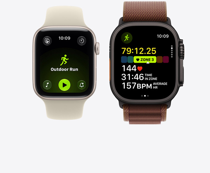 Apple Watch Series 12, Aluminiumgehäuse, Farbe Lichtgold, geöffnetes Outdoor-Lauftraining mit Apple Music Steuerelementen zur Wiedergabe, Apple Watch Ultra 4, Titangehäuse, Farbe Schwarz, geöffnetes Lauftraining, Herzfrequenz in Zone 3