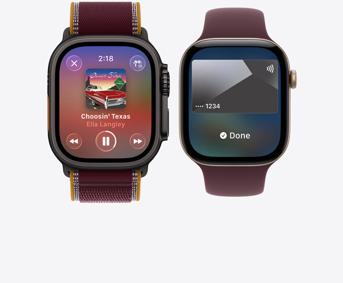 Apple Watch Ultra 4, Titangehäuse, Farbe Schwarz, Apple Music App, Bildschirm «Jetzt läuft», Trail Loop Armband, Farbe Burgunder; Apple Watch Series 12, Aluminiumgehäuse, Farbe Lichtgold, Apple Pay Display, Apple Card, Sport Loop Armband, Farbe Burgunder