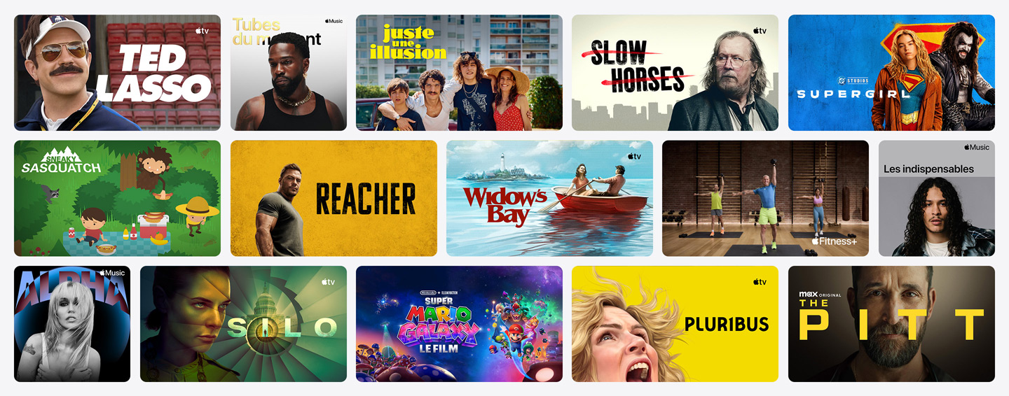 Sélection d’affiches de contenus Apple TV, Apple Music, Apple Fitness+, Apple Arcade et de chaînes partenaires