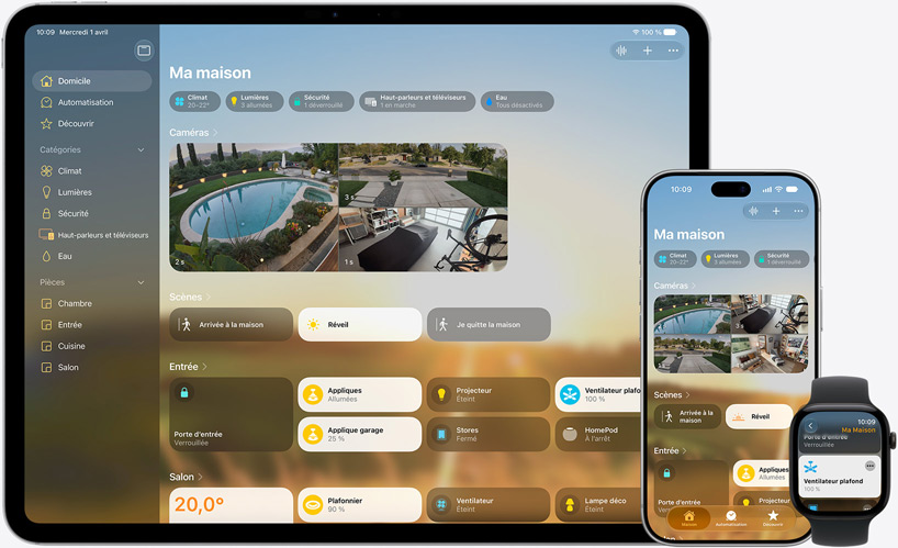 Un iPad, un iPhone et une Apple Watch affichent l’app Maison, chacun montrant le tableau de bord Mon domicile avec les caméras de surveillance, la température, les scènes et les commandes des appareils.