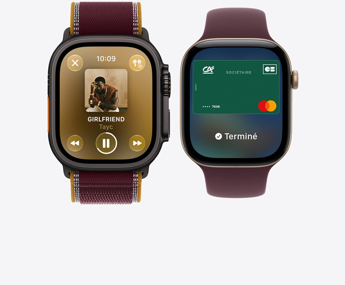 Apple Watch Ultra 4, boîtier en titane, noir, app Apple Music, écran à l’écoute, bracelet Boucle Trail, bordeaux ; Apple Watch Series 12, boîtier en aluminium, finition or clair, écran Apple Pay, Apple Card, bracelet Boucle Sport, bordeaux