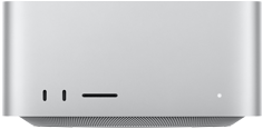 Mac&nbsp;Studio, μπροστινή όψη, δύο θύρες USB-C, υποδοχή κάρτας SDXC, λυχνία ένδειξης κατάστασης, κωνική βάση στο κάτω μέρος, επίπεδο επάνω μέρος, στρογγυλεμένες πλευρές, ευθείες άκρες, Ασημί χρώμα, Mac&nbsp;Studio, πίσω όψη, αεραγωγοί από αλουμίνιο, τέσσερις θύρες Thunderbolt&nbsp;5, μία Ethernet, μία υποδοχή τροφοδοσίας, δύο θύρες USB-A, μία θύρα HDMI, μία υποδοχή ακουστικών και κουμπί λειτουργίας