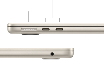 MacBook Air, κλειστό, στην αριστερή πλευρά φαίνονται η θύρα MagSafe και δύο θύρες Thunderbolt, στη δεξιά πλευρά φαίνεται η υποδοχή ακουστικών