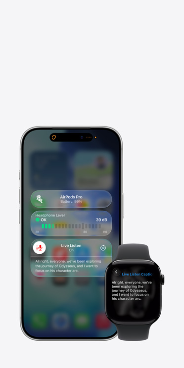 iPhone 17 Pro screen showing active Live Listen session with caption for captured audio and Apple Watch Series 11 screen showing Live Captions of the same captured audio
