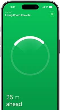 iPhone, Find My app on screen, text reads: Finding Living Room Remote, circular locator ring with bright arc pointing toward the remote's direction, text reads: 80 ft ahead