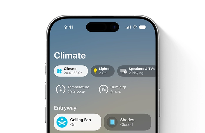 iPhone screen displays Home app, Climate category, temperature and humidity dials, Entryway section shows ceiling fan and shades controls