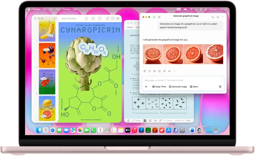 MacBook Neo, blush color, using Doubao to generate image of grapefruit, other windows contain a Keynote document titled molecule posters with images of fruits and vegetables and associated molecular compounds, and a related Microsoft Word document