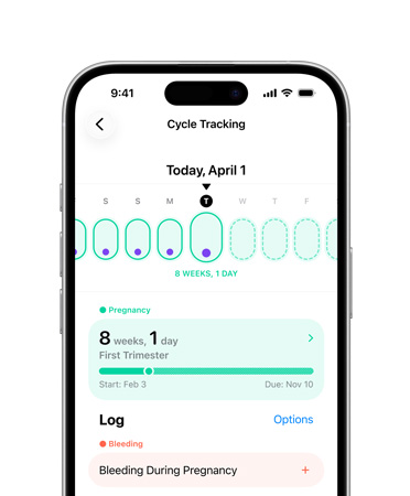 iPhone，在健康 app 設定了經期追蹤以追蹤懷孕期間的里程碑