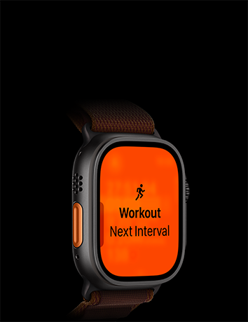 Apple Watch Ultra 4, kućište od titanija, crna boja, trening Trčanje, sljedeći interval, lijeva bočna strana, narančasta tipka postupka, narukvica Alpine