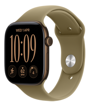 Apple Watch Series 12, aluminijsko kućište, tamna brončana boja, modularni kompaktni brojčanik, dodaci: dan i datum, trening trčanje, puls, spremnost, desna bočna strana, Digital Crown, bočna tipka, sportski remen, maslinasta boja