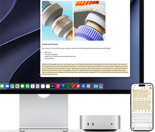 Mac mini sprijeda, smješten ispod Studio Displaya, iPhone se nalazi desno od uređaja i zaslona, tekst odabran uz naredbe izreži, kopiraj, zalijepi i automatski ispuni iznad na iPhoneu odgovara istaknutom tekstu na zaslonu, prikazujući Univerzalni memorijski pretinac