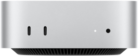 Mac mini, sprijeda, dva priključka Thunderbolt, svjetlosni indikator statusa i priključak za slušalice, postolje suženo pri dnu, ravni gornji dio, zaobljeni uglovi, ravni rubovi, srebrna boja
