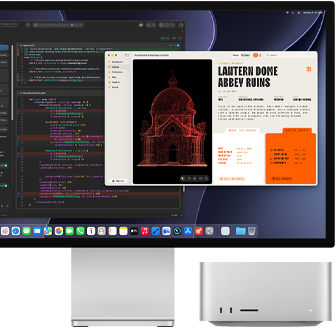 Studio Display XDR, na zaslonu je prikazan dokument u procesu izrade u programu XCode uz asistenciju modela Claude Agent, prikaz prednje strane uređaja Mac Studio