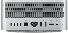 Stražnja strana uređaja Mac Studio s perforiranim ventilacijskim otvorom, 4 Thunderbolt 5 priključka, 1 Ethernet priključkom, 1 priključkom za utičnicu, 2 USB-A priključka, 1 HDMI priključkom, 1 priključkom za slušalice i gumbom za uključivanje/isključivanje