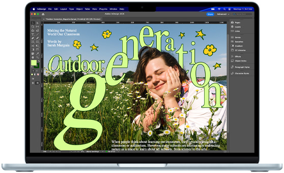Egy Adobe InDesign-projektet megjelenítő MacBook Air