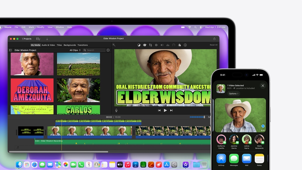 MacBook Neo ezüstszínben, a kijelzőn az iMovie alkalmazás egy Elder Wisdom (Az idősek bölcsessége) című projekttel, a laptop mellett egy iPhone, amelyen az iMovie-projektben látható egyik emberről készült videó van megnyitva, a videó alatt a megosztási lehetőségek listája, benne az AirDroppal.