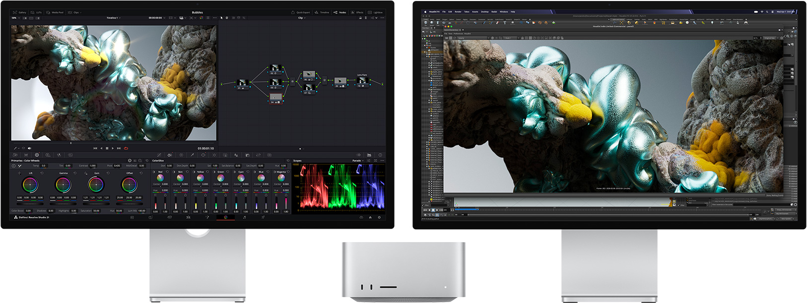 Studio Display, layar menampilkan DaVinci Resolve Studio dengan gambar multiwarna abstrak yang diperbesar, di sampingnya terdapat Studio Display XDR, layar menampilkan Houdini dan Maxon Redshift dengan gambar yang sama