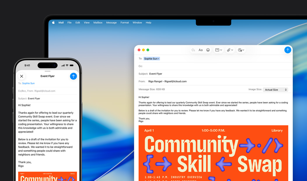 iPhone 16 Plus dan MacBook Pro, aplikasi Mail terbuka, draf email yang sama ditampilkan di kedua layar