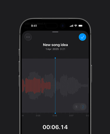 iPhone 16 screen, Logic Pro Voice Memos, recording in red, sound waves, play button, new song idea, date, and duration
