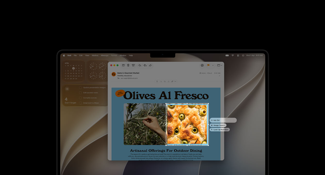 MacBook Pro 14″, Space Black, screen displays a Visual Intelligence demo, showing an email with images of food and herbs, a box outlines an image of olives in bread and three prompts hover over the image, including Ask Siri, Image Search and Look Up Nutrition