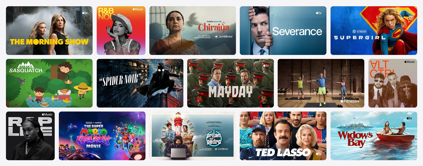 Grid of poster artwork from Apple TV, Apple Music, Apple Fitness+, Apple Arcade and channel partners