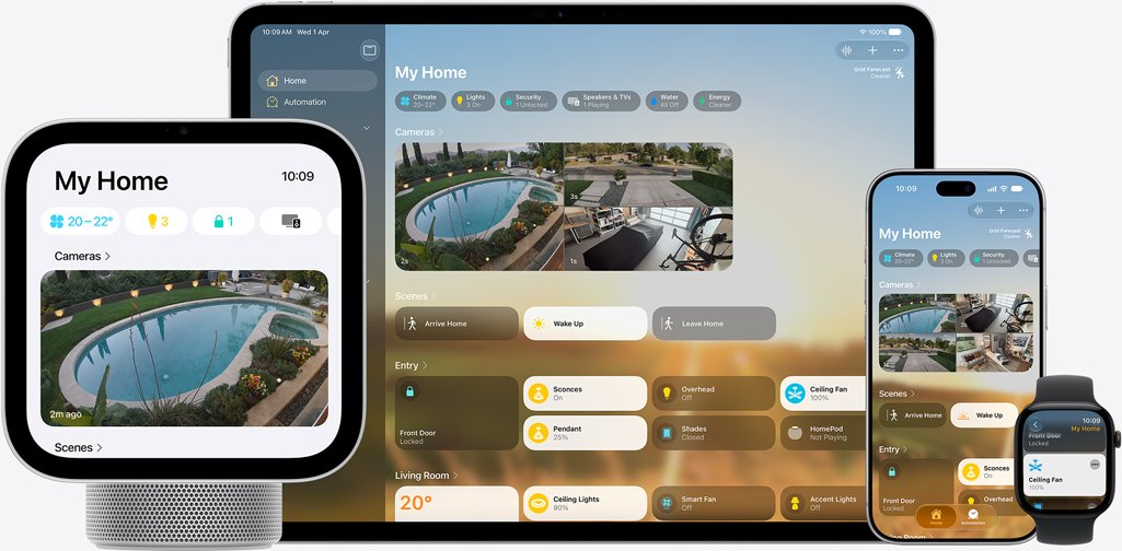 Home app displayed across Apple HomeView, iPad, iPhone, and Apple Watch, each showing My Home dashboard with cameras, climate, scenes, and device controls