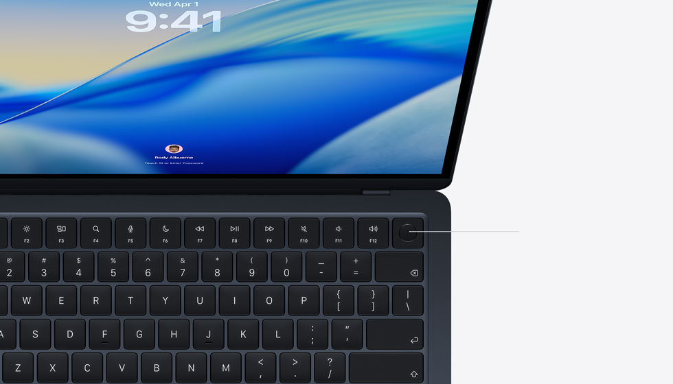 Open MacBook Air demonstrating the location of the Touch ID button