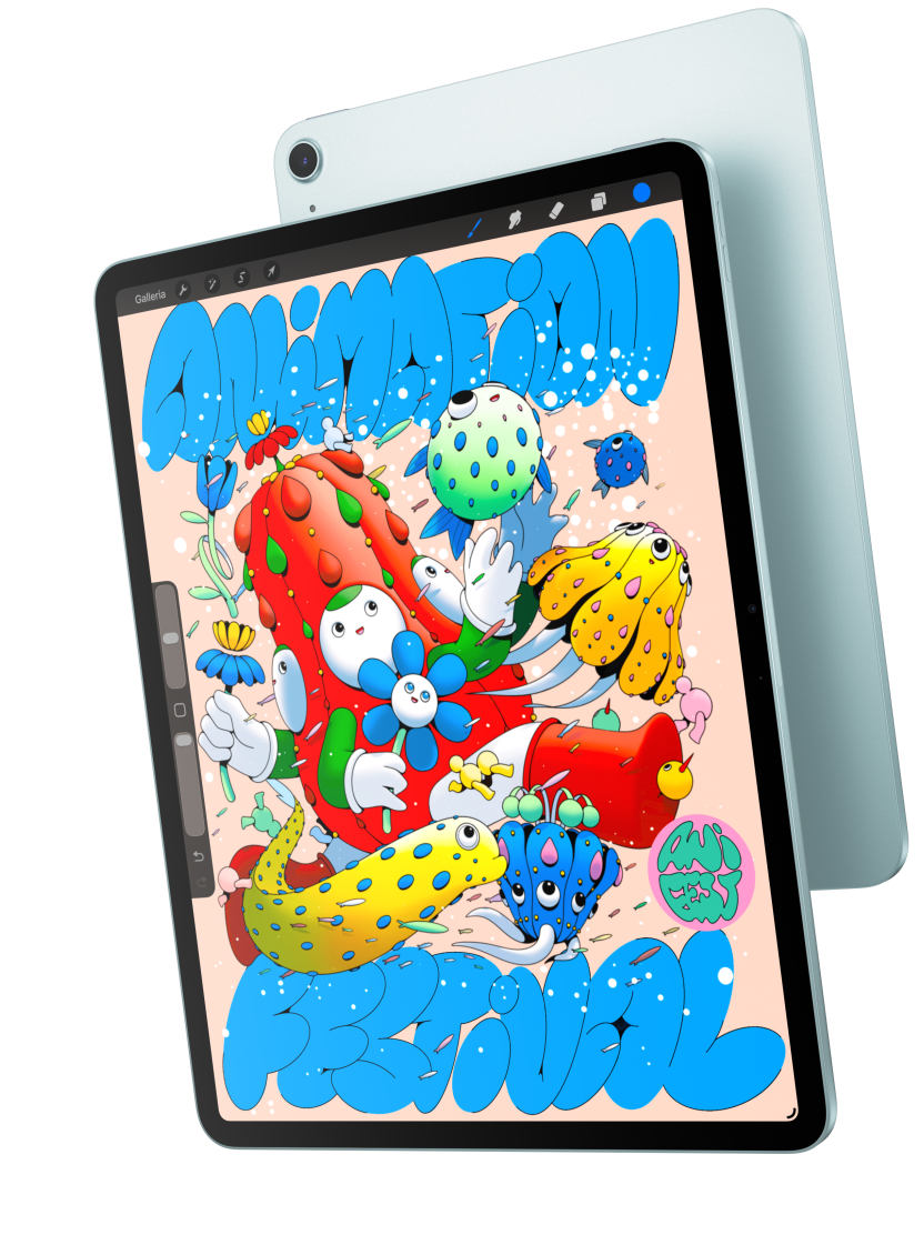 Un iPad Air 13 pollici mostrato di fronte con l’app Procreate, ed è sovrapposto a un iPad Air blu visto da dietro