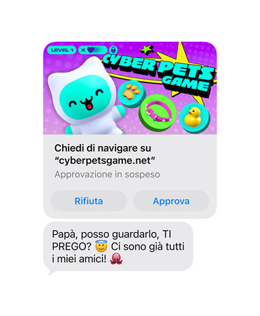 Schermata con un messaggio di testo che mostra lo screenshot del sito cyberpetsgame.net, i pulsanti Rifiuta e Approva sotto l’immagine, il testo del messaggio recita: Papà, posso dare un’occhiata? Tutti i miei amici ci giocano già