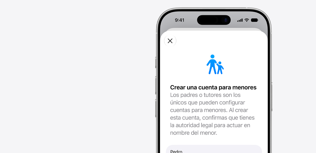 Un iPhone muestra la interfaz de configuración de una Cuenta para Menores con el ícono de un adulto y un niño arriba de los campos para escribir el nombre del menor.