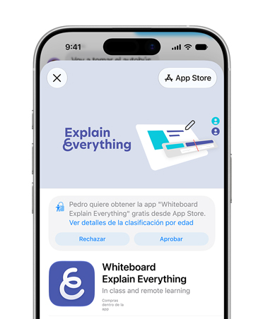 Un iPhone muestra la página de producto de la app Explain Everything Whiteboard en el App Store y un mensaje que invita al usuario a rechazar o aprobar el acceso para una Cuenta para Menores.