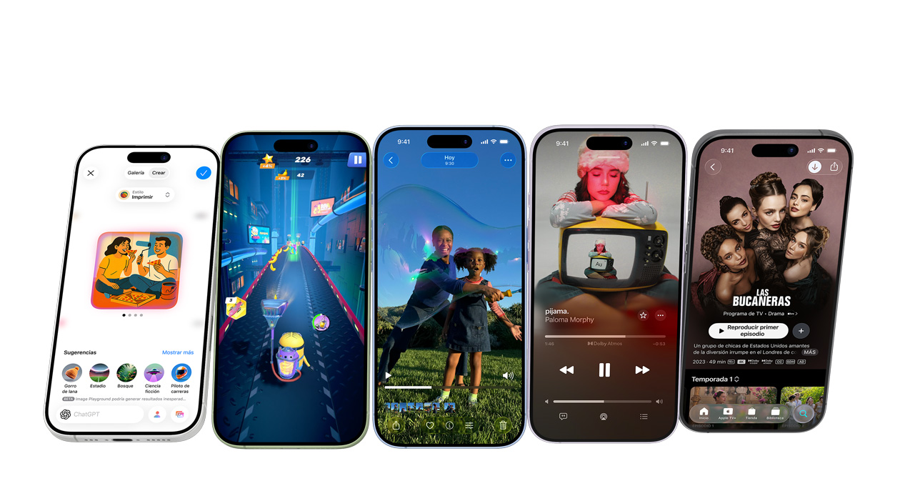 Dispositivos iPhone 17 en distintos colores que giran sobre un eje central
