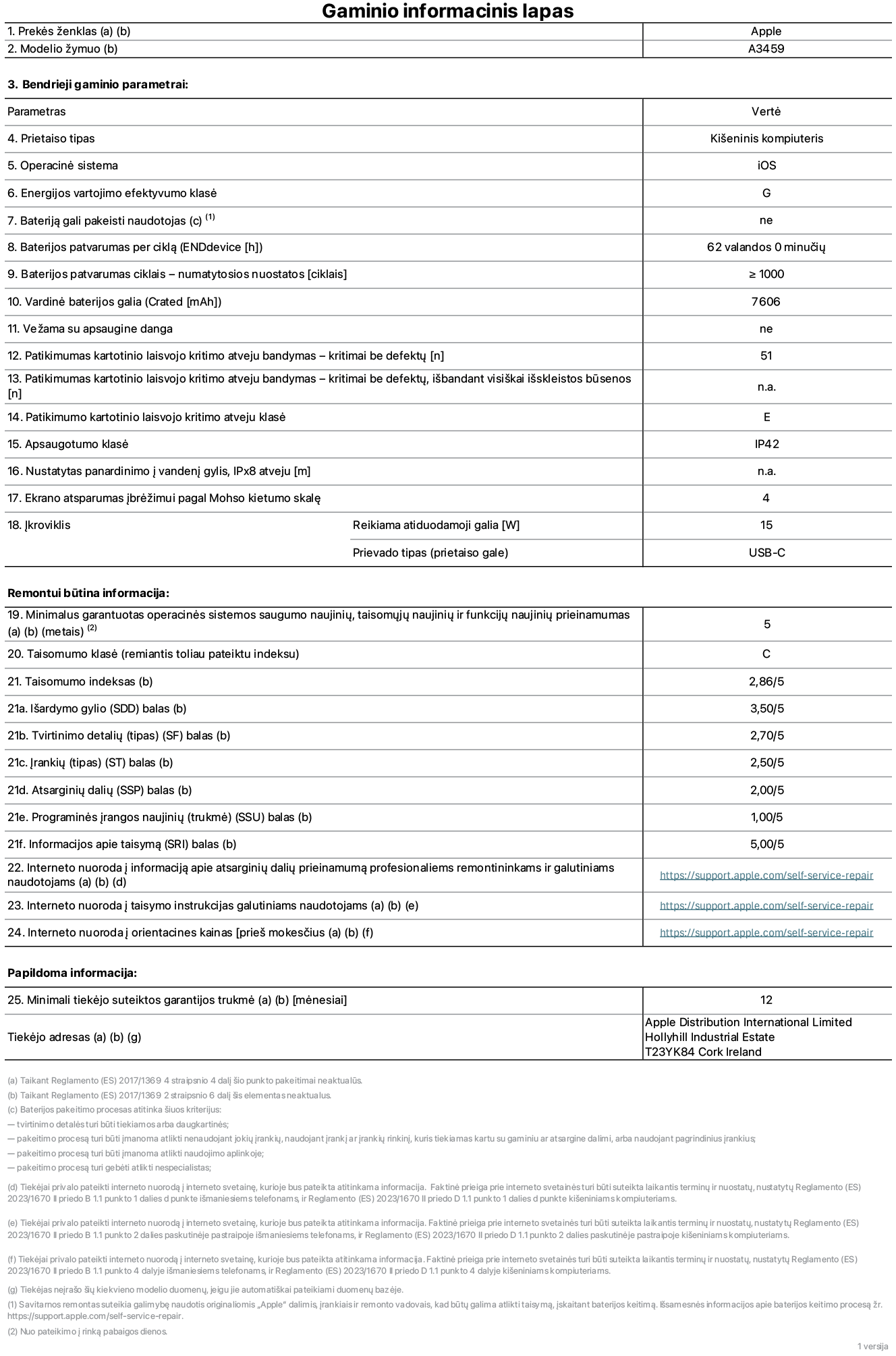 Gaminio informacinis lapas, 11 colių „iPad Air Wi-Fi“, modelis A3459. Pateikė „Apple Distribution International Limited“, „Hollyhill Industrial Estate“. Korkas, Airija, T23 YK84. Prietaiso tipas: planšetinis kompiuteris. Operacinė sistema: „iOS“. Energijos vartojimo efektyvumo klasė: G. Bateriją gali pakeisti naudotojas: ne. Baterijos patvarumas per ciklą: 62 valandos. Baterijos veikimo trukmė ciklais – numatytieji nustatymai: daugiau arba lygu 1 000. Nominalioji baterijos talpa: 7 606 mAh. Vežama su apsaugine danga: ne. Patikimumo kartotinio laisvojo kritimo atveju testas – kritimai be defektų: didesnis arba lygus 51. Patikimumo kartotinio laisvojo kritimo atveju testas – kritimai be defektų, išbandant visiškai išskleistos būsenos: netaikoma. Patikimumo kartotinio laisvojo kritimo atveju klasė: E. Apsaugos klasė: IP42. Nustatytas panardinimo į vandenį gylis, iPx8 atveju: netaikoma. Ekrano atsparumas įbrėžimui pagal Moso kietumo skalę: 4. Krovikliui reikalinga atiduodamoji galia: 15 vatų. Kroviklio prievado tipas (prietaiso gale): USB-C. Minimalus garantuotas operacinės sistemos saugumo naujinių, taisomųjų naujinių ir funkcijų naujinių prieinamumas: 5 metai. Taisomumo klasė: C. Taisomumo indeksas: 2,86/5. Išardymo gylio (SDD) balas: 3,50/5. Tvirtinimo detalių balas: 2,70/5. Įrankių balas: 2,50/5. Atsarginių dalių balas: 2,00/5. Programinės įrangos naujinių balas: 1,00/5. Informacijos apie taisymą balas: 5,00/5. Interneto nuoroda į informaciją apie atsarginių dalių prieinamumą profesionaliems remontininkams ir galutiniams naudotojams: https://support.apple.com/self-service-repair. Interneto nuoroda į taisymo instrukcijas galutiniams naudotojams: https://support.apple.com/self-service-repair. Nuoroda į orientacines kainas prieš mokesčius: https://support.apple.com/self-service-repair. Siūloma 12 mėnesių bendroji garantija.