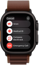 Apple Watch Ultra 4, titāna ietvars, melns, satelīta savienojums, labais sāns, Digital Crown, paaugstināta sānu poga, Alpine Loop siksniņa, Burgundijas sarkana