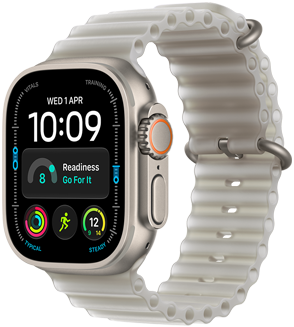 Apple Watch Ultra 4, titāna ietvars, dabīga krāsa, Modular ciparnīca; komplikācijas: diena un datums, gatavība, pulss, skriešanas treniņš, laikapstākļi, labais sāns, Digital Crown, paaugstināta sānu poga, Ocean Band siksniņa, puscaurspīdīgi pelēka