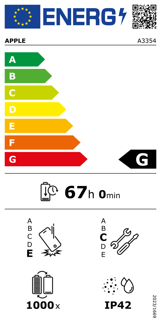 ES energomarķējuma QR kods un informācija, Apple modelis A3354, G klase, energoefektivitātes klases (sistēmā no A līdz G), no A (visefektīvākā) līdz G (visneefektīvākā), akumulatora izturība vienā ciklā, 67 stundas un 0 minūtes ar pilnībā uzlādētu akumulatoru, vairākkārtējas kritienizturības klase: E, no A (visizturīgākā) līdz E (visneizturīgākā), remontējamības klase: C, no A (visremontējamākā) līdz E (visneremontējamakā), akumulatora cikliskā izturība: 1000, korpusa aizsargātības pret putekļiem un ūdeni pakāpe (IP) IP42, Regula 2023/1669