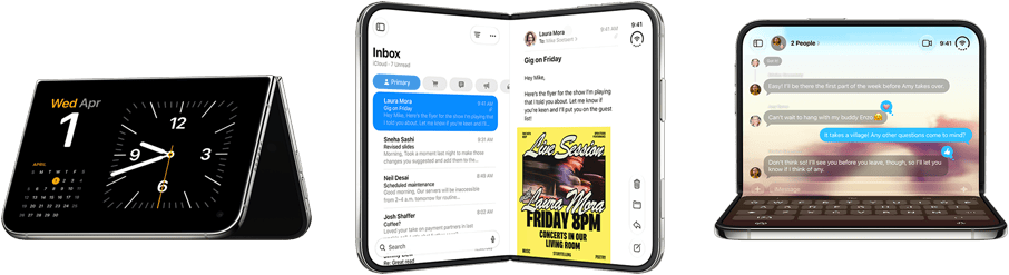 iPhone&nbsp;Duo, dažādas pozīcijas: apgriezts atvērts horizontāls novietojums, atvērts nelielā leņķī, ārējais displejs, pilnekrāna dizains. Nedaudz pavērts kā grāmata, novietots vertikāli. Atvērts horizontāls novietojums, atvērts labajā leņķī, iekšējais displejs, pilnekrāna dizains