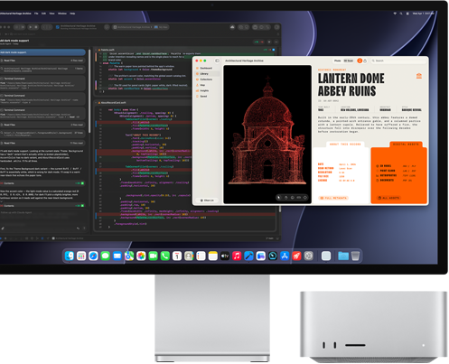 Studio Display XDR, ekrānā redzams dokumenta rediģēšanas process Claude Agent ar XCode, Mac Studio, skats no priekšpuses