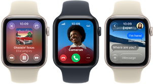 Three Apple Watch SE 3 devices next to each other, one showing the Apple Music app, one showing an incoming phone call, and one showing a Messages exchange