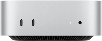 جهاز Mac mini، الجهة الأمامية، 2 من منافذ ثندربولت، ضوء مؤشر التشغيل ومقبس لسماعات الرأس، قاعدة سوداء مدببة في الأسفل، سطح مسطح، جوانب مدورة، حواف مستقيمة، لون فضي