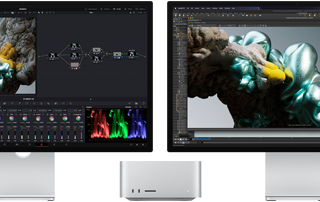 Studio Display monitor and Studio Display XDR monitor, one each on either side of Mac Studio, displaying artist workspace, 3D model software and tools