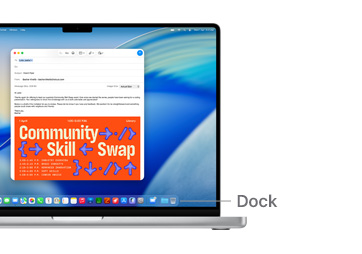 A tour of macOS navigation on MacBook Pro 14" with a line indicating the location of the Dock.