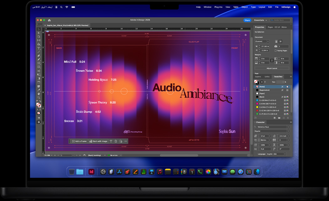 شاشة MacBook Pro تعرض تطبيق Adobe InDesign أثناء استخدامه لإنشاء غلاف أسطوانة فينيل