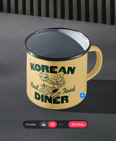 Photo of yellow metal camping cup with Korean Diner logo in green with warp tool open at the bottom of image