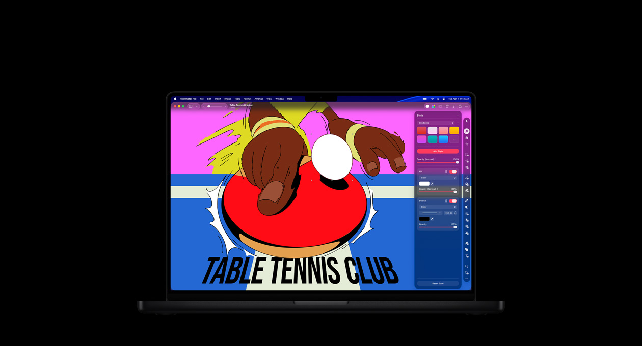 MacBook Pro 16 screen, colorful poster for Table Tennis Club, color editing tools