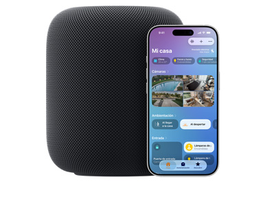 Imagen que muestra un HomePod color medianoche junto a un iPhone con la interfaz de  'Mi casa ' en la app Casa