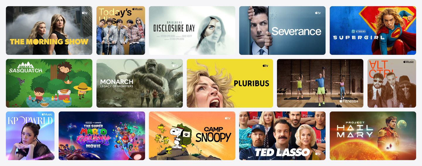 Grid of poster artwork from Apple TV, Apple Music, Apple Fitness+, Apple Arcade, and channel partners