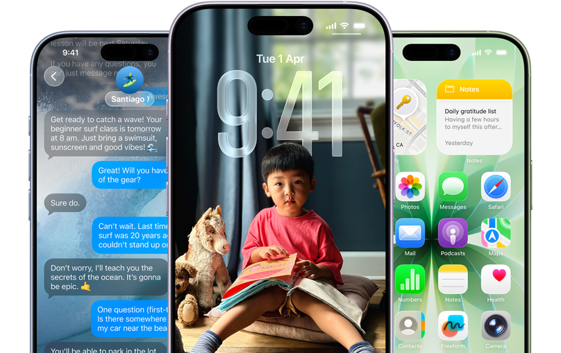 iPhone 17 devices, front exterior, colours: mist blue, lavender, sage, iOS features - Background with messages, Liquid Glass showing the Lock Screen and Home Screen with various apps displayed