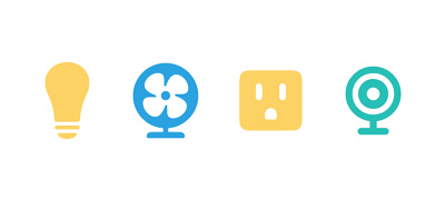 Smart home accessory icons: light bulb, lock, thermostat, fan, outlet, camera